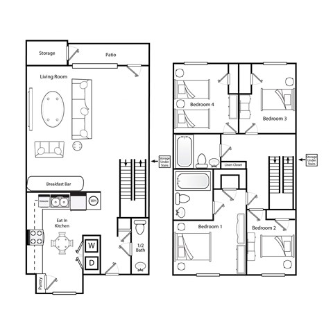 D1 4 bedroom 2.5 bathroom floorplan image 3 bedroom 2.5 bathroom floorplan image at Broadwater Townhomes in Chester, VA